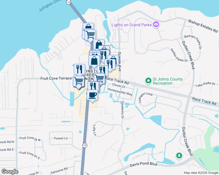 map of restaurants, bars, coffee shops, grocery stores, and more near 201 Honeysuckle Way in Jacksonville