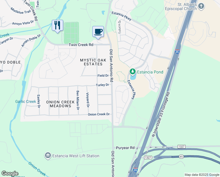 map of restaurants, bars, coffee shops, grocery stores, and more near 12706 Old San Antonio Road in Manchaca
