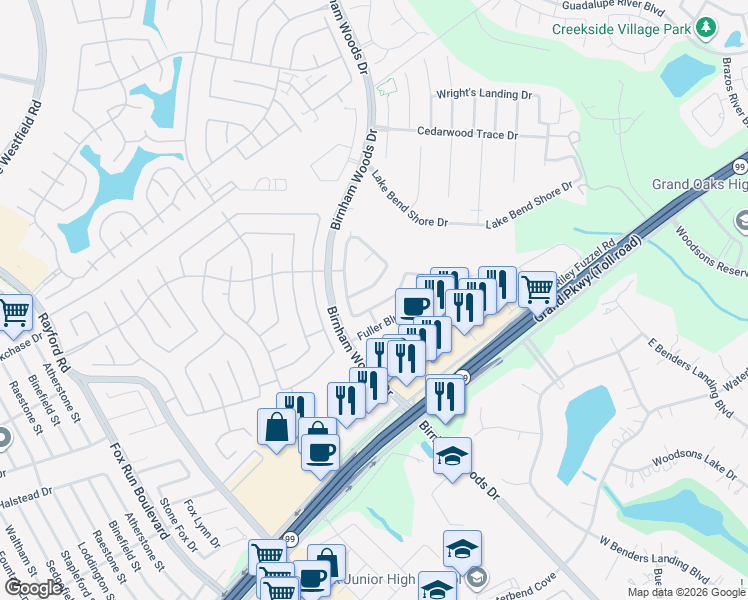 map of restaurants, bars, coffee shops, grocery stores, and more near 3543 Garrison Run Drive in Spring
