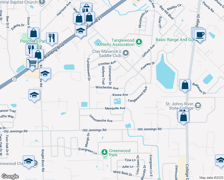 map of restaurants, bars, coffee shops, grocery stores, and more near 2781 Winchester Avenue in Orange Park