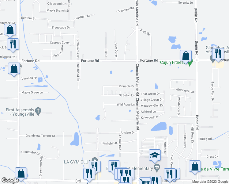 map of restaurants, bars, coffee shops, grocery stores, and more near 103 St Gregory Pl in Youngsville