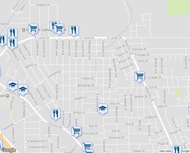 map of restaurants, bars, coffee shops, grocery stores, and more near 2366 Pierce Street in Beaumont