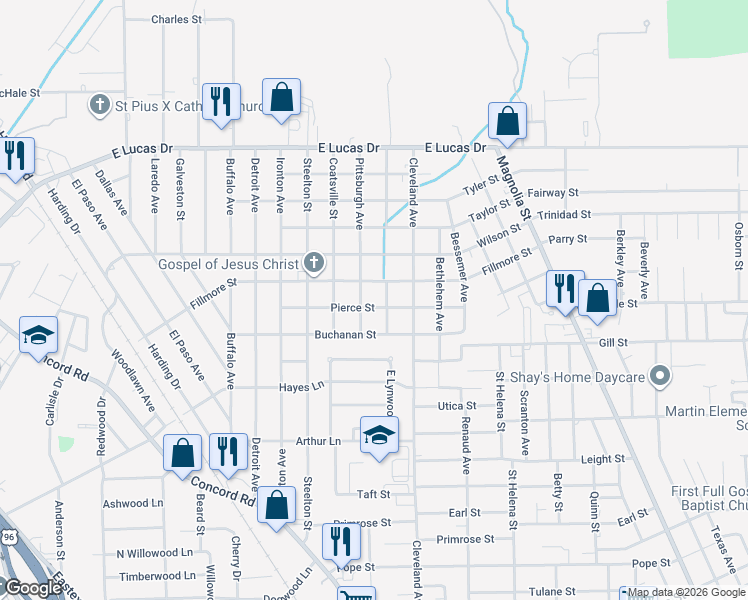 map of restaurants, bars, coffee shops, grocery stores, and more near 2366 Pierce Street in Beaumont