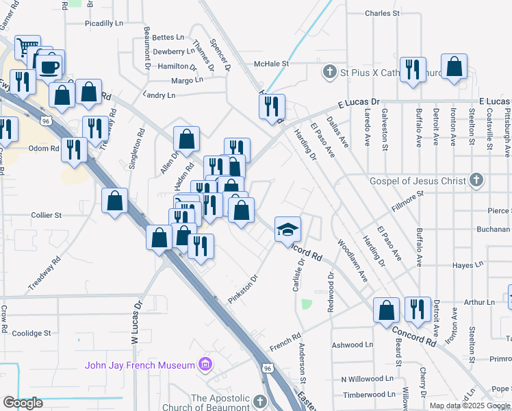 map of restaurants, bars, coffee shops, grocery stores, and more near 3990 Russell Drive in Beaumont