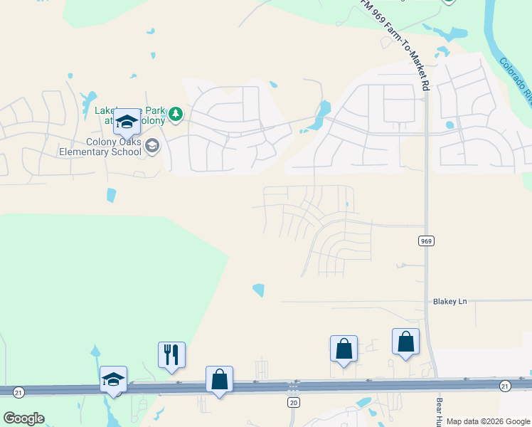 map of restaurants, bars, coffee shops, grocery stores, and more near Unnamed Road in Bastrop