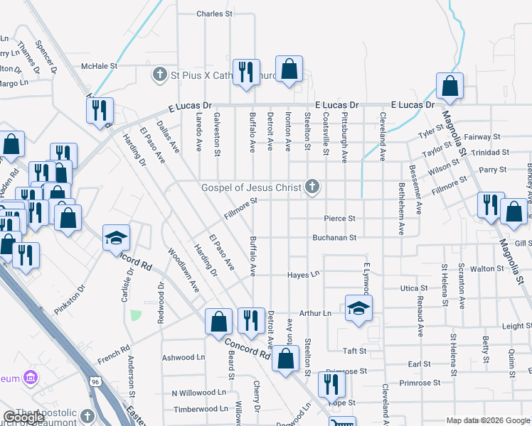 map of restaurants, bars, coffee shops, grocery stores, and more near 4340 Buffalo Street in Beaumont