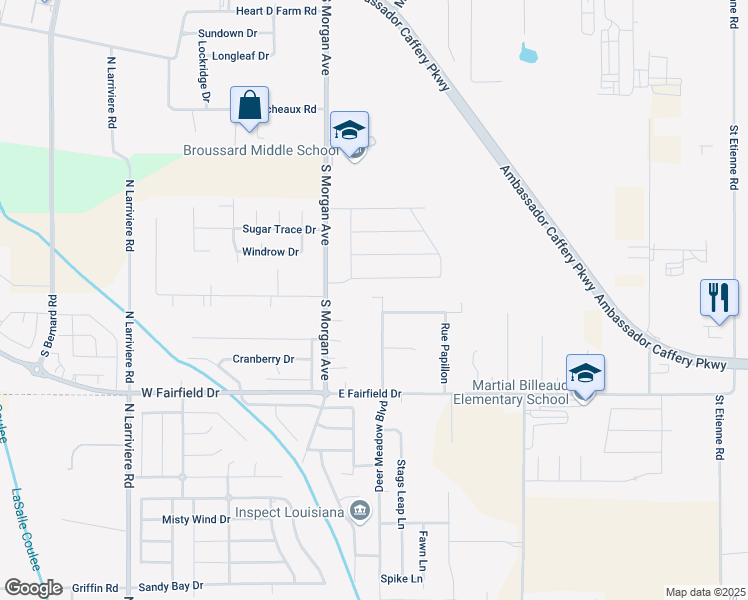 map of restaurants, bars, coffee shops, grocery stores, and more near 303 Rue De Canne in Broussard