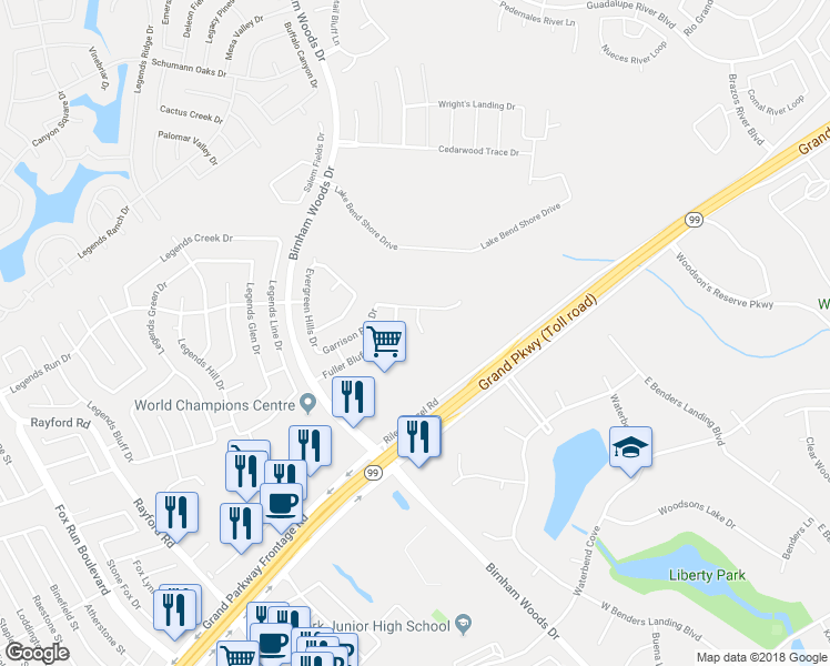 map of restaurants, bars, coffee shops, grocery stores, and more near 29307 Hickory Terrace Drive in Spring