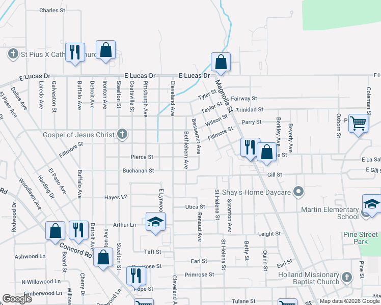 map of restaurants, bars, coffee shops, grocery stores, and more near 2240 Pierce Street in Beaumont