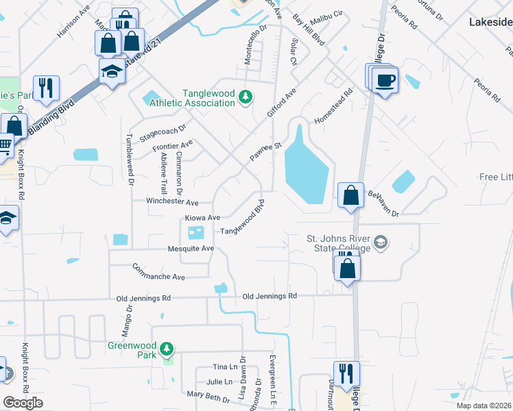 map of restaurants, bars, coffee shops, grocery stores, and more near 2849 Tanglewood Boulevard in Orange Park
