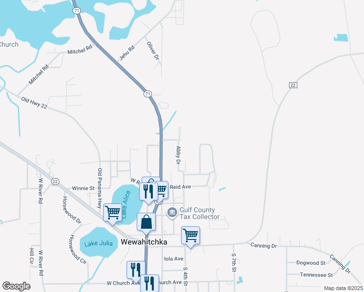 map of restaurants, bars, coffee shops, grocery stores, and more near 268 Abby Drive in Wewahitchka