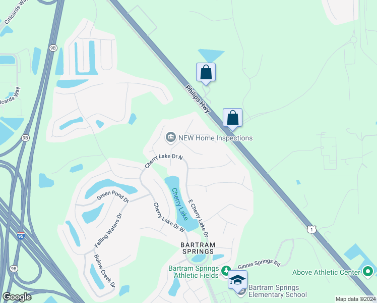 map of restaurants, bars, coffee shops, grocery stores, and more near 6266 Oleta Way in Jacksonville