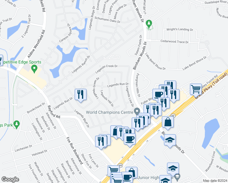 map of restaurants, bars, coffee shops, grocery stores, and more near 29507 Legends Stone Drive in Spring
