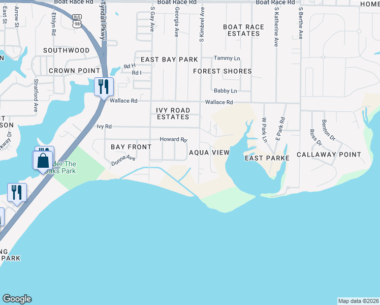 map of restaurants, bars, coffee shops, grocery stores, and more near 6047 Howard Road in Panama City