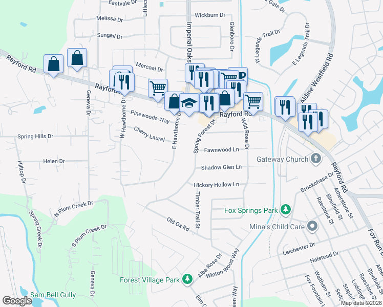 map of restaurants, bars, coffee shops, grocery stores, and more near 29726 Spring Forest Drive in Spring