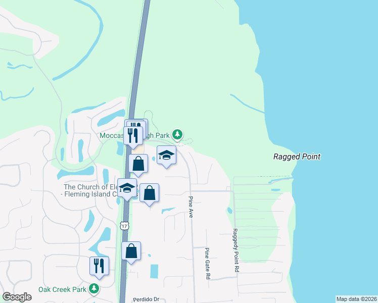 map of restaurants, bars, coffee shops, grocery stores, and more near 1500 Maple Leaf Lane in Fleming Island