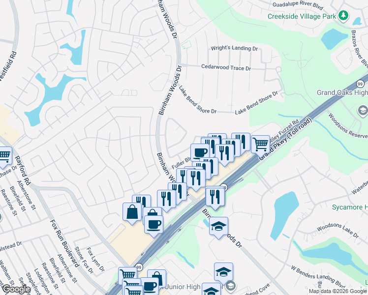 map of restaurants, bars, coffee shops, grocery stores, and more near 3547 Garrison Run Drive in Spring