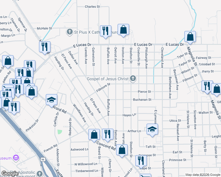 map of restaurants, bars, coffee shops, grocery stores, and more near 4340 Buffalo Street in Beaumont