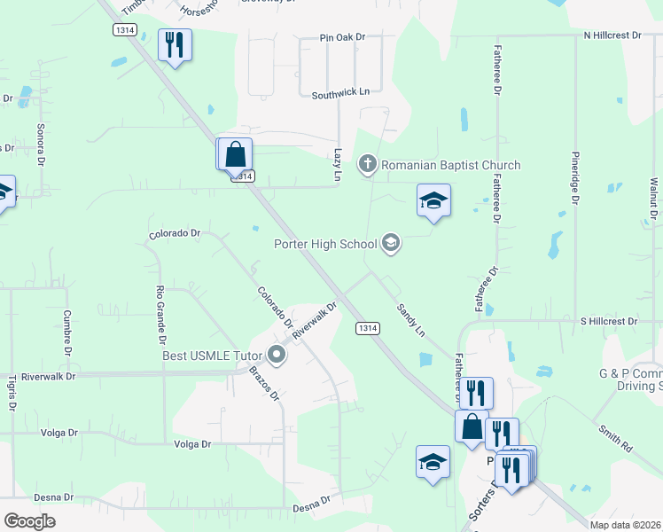 map of restaurants, bars, coffee shops, grocery stores, and more near Farm to Market Road 1314 in Porter
