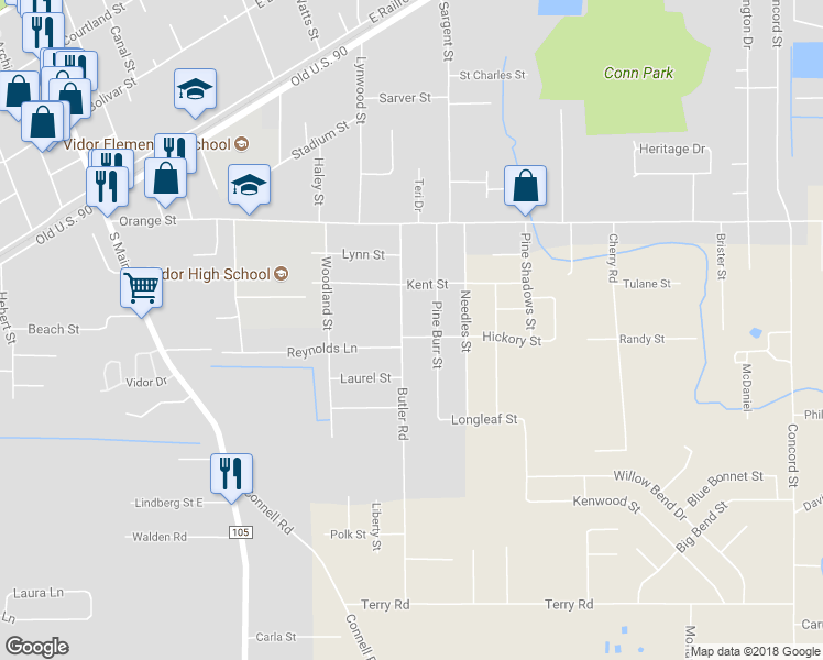 map of restaurants, bars, coffee shops, grocery stores, and more near 399 Butler Rd in Vidor