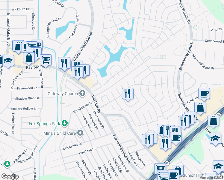 map of restaurants, bars, coffee shops, grocery stores, and more near 29626 South Legends Bend Lane in Spring