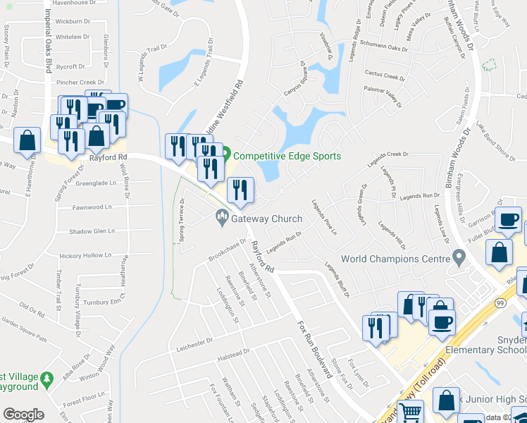 map of restaurants, bars, coffee shops, grocery stores, and more near 2830 Legends Crest Drive in Spring
