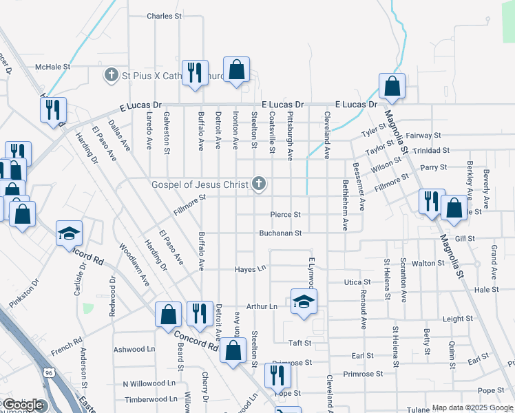 map of restaurants, bars, coffee shops, grocery stores, and more near 4300 Steelton Street in Beaumont