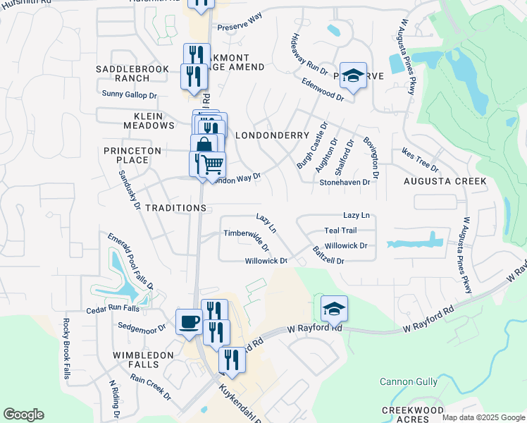 map of restaurants, bars, coffee shops, grocery stores, and more near 8308 Lazy Lane in Spring