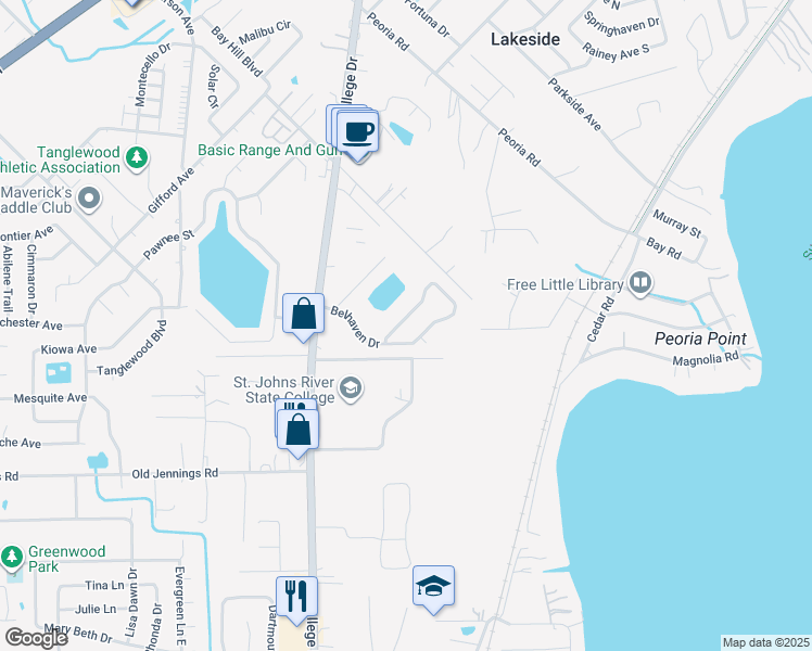 map of restaurants, bars, coffee shops, grocery stores, and more near 2021 Belhaven Drive in Orange Park