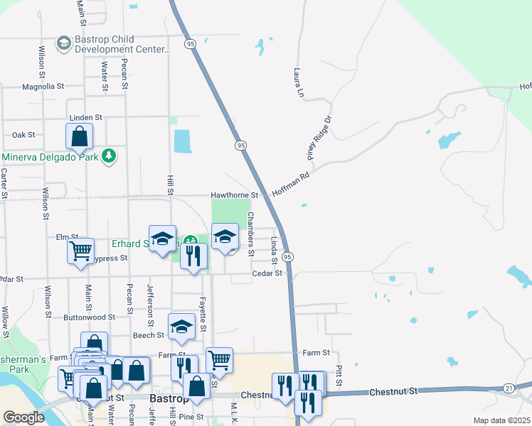 map of restaurants, bars, coffee shops, grocery stores, and more near 1812 State Highway 95 in Bastrop