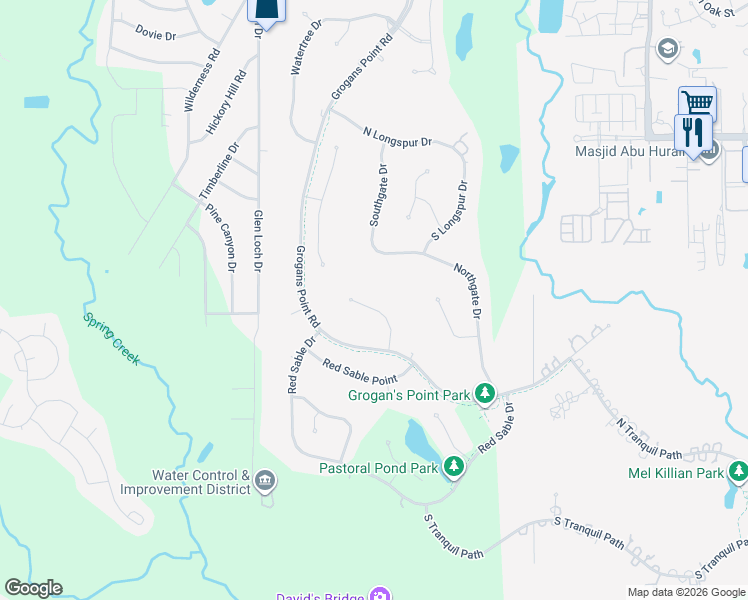 map of restaurants, bars, coffee shops, grocery stores, and more near 26 Halfmoon Court in Spring