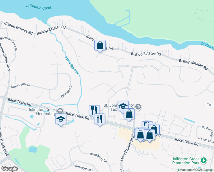 map of restaurants, bars, coffee shops, grocery stores, and more near 1213 Ribbon Road in Jacksonville