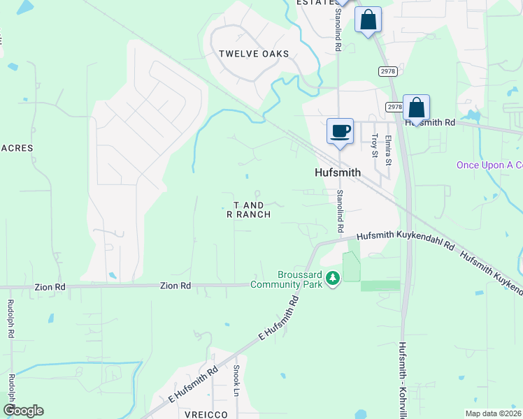 map of restaurants, bars, coffee shops, grocery stores, and more near 12126 Zion Road in Tomball