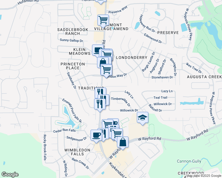 map of restaurants, bars, coffee shops, grocery stores, and more near 8422 Lazy Lane in Spring