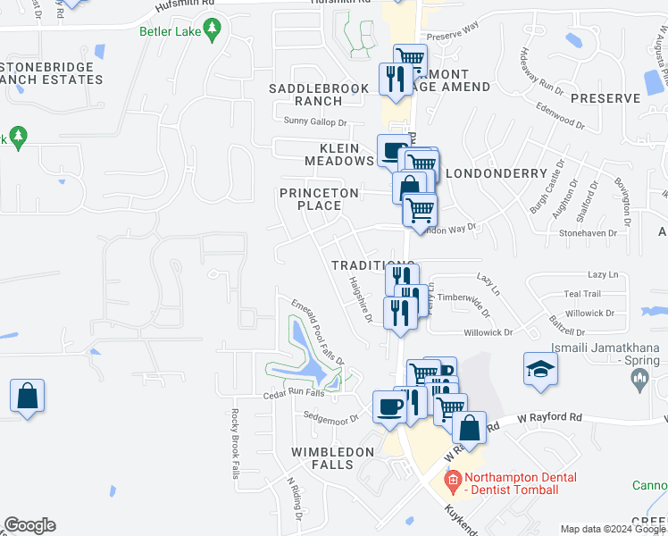 map of restaurants, bars, coffee shops, grocery stores, and more near 24642 Sandusky Drive in Tomball