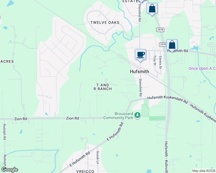 map of restaurants, bars, coffee shops, grocery stores, and more near 12126 Zion Road in Tomball