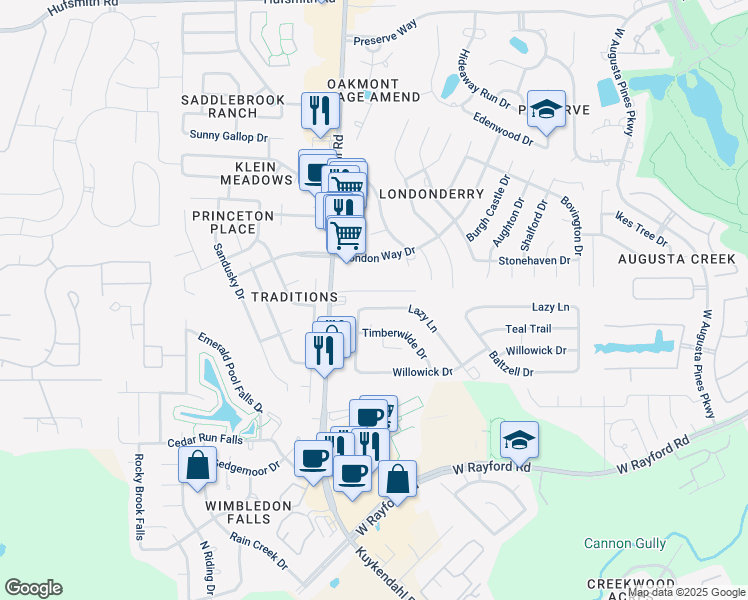 map of restaurants, bars, coffee shops, grocery stores, and more near 8422 Lazy Lane in Spring