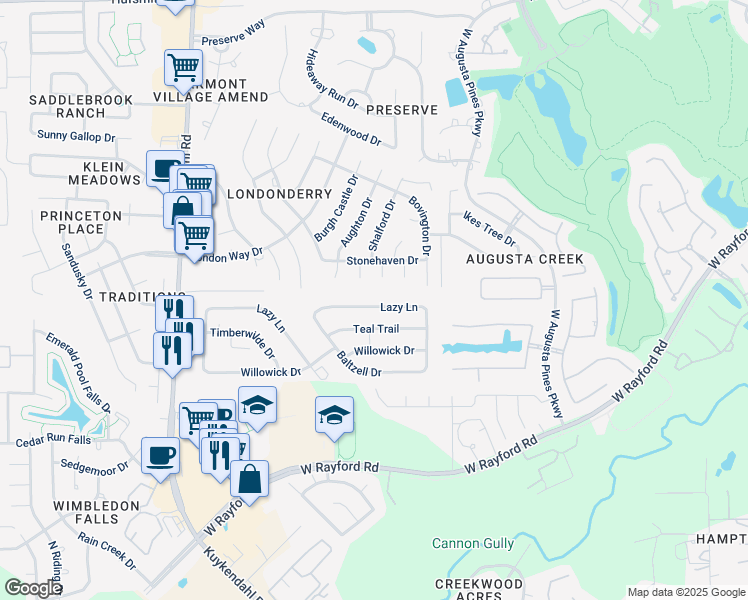 map of restaurants, bars, coffee shops, grocery stores, and more near 7906 Lazy Lane in Spring