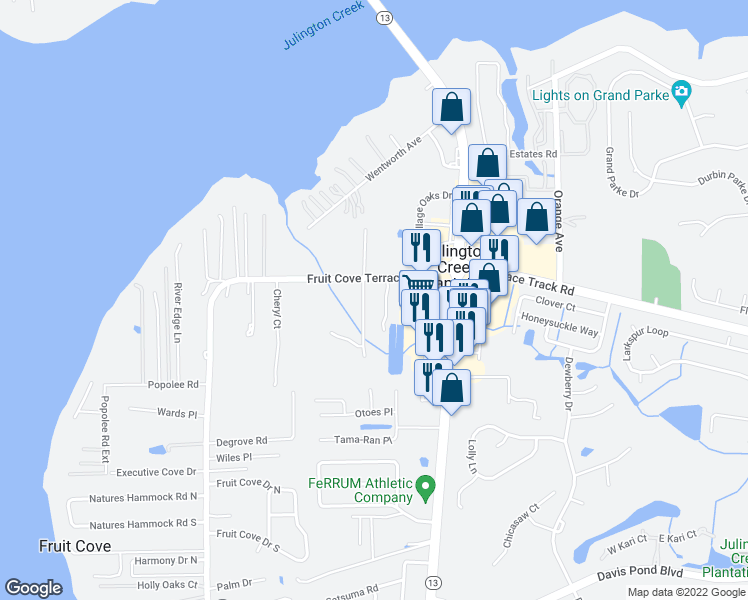 map of restaurants, bars, coffee shops, grocery stores, and more near 1440 Fruit Cove Road North in Jacksonville