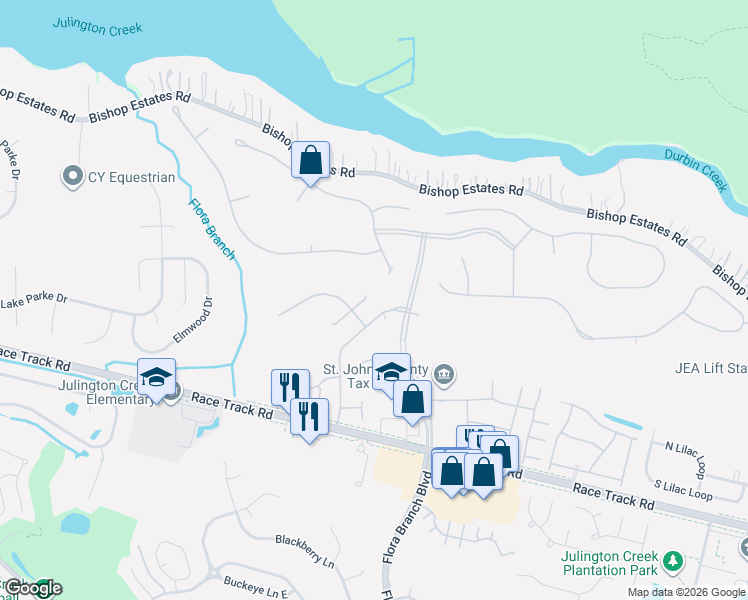 map of restaurants, bars, coffee shops, grocery stores, and more near 1308 East Chinaberry Court in Jacksonville