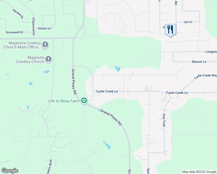 map of restaurants, bars, coffee shops, grocery stores, and more near 19910 Turtle Creek Lane in Magnolia