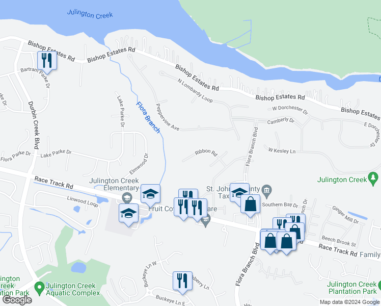 map of restaurants, bars, coffee shops, grocery stores, and more near 1256 Ribbon Road in Jacksonville