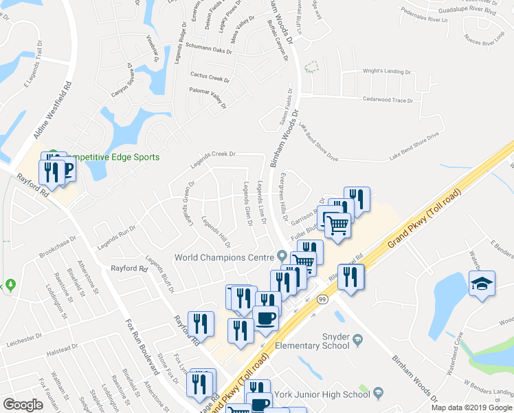 map of restaurants, bars, coffee shops, grocery stores, and more near 29515 Legends Line Drive in Spring