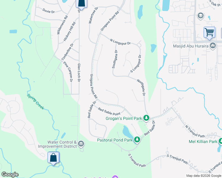 map of restaurants, bars, coffee shops, grocery stores, and more near 26 Halfmoon Court in Spring