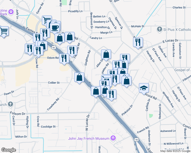 map of restaurants, bars, coffee shops, grocery stores, and more near 4095 Oak Grove Place in Beaumont