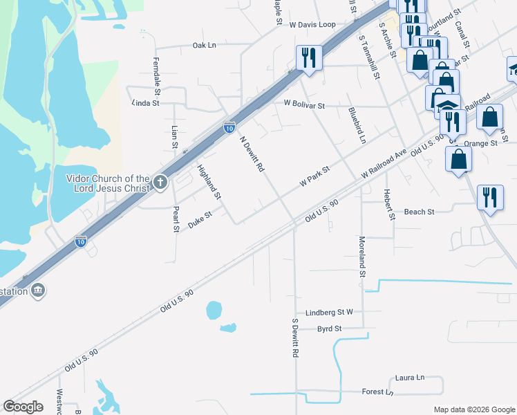 map of restaurants, bars, coffee shops, grocery stores, and more near 765 West Park Street in Vidor