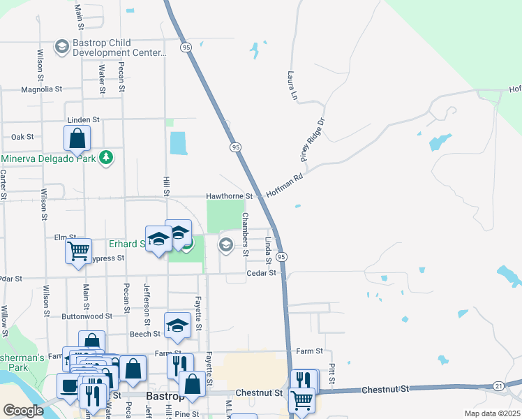 map of restaurants, bars, coffee shops, grocery stores, and more near 1812 State Highway 95 in Bastrop