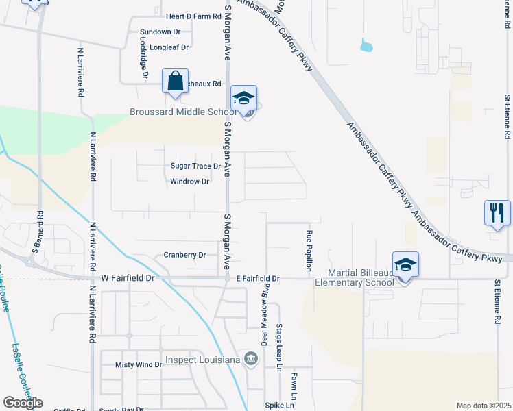 map of restaurants, bars, coffee shops, grocery stores, and more near 303 Rue De Canne in Broussard
