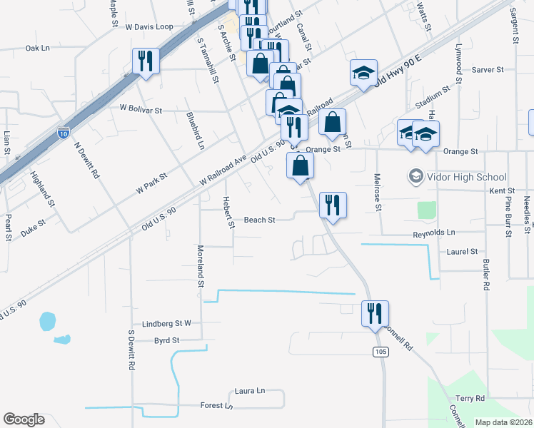 map of restaurants, bars, coffee shops, grocery stores, and more near 295 Beach Street in Vidor