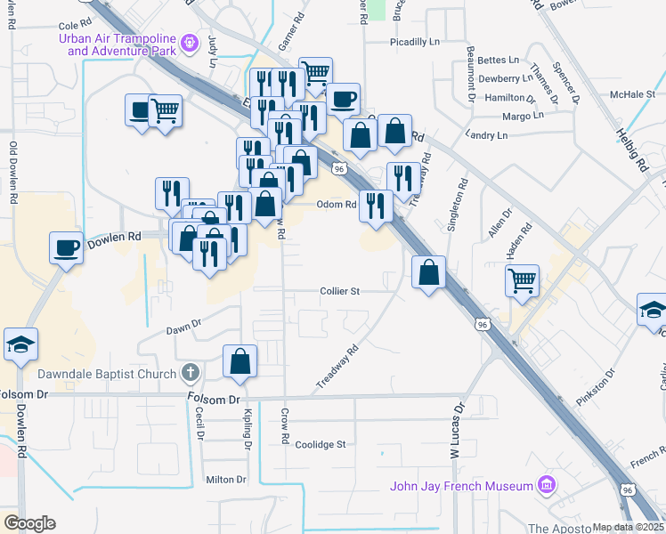 map of restaurants, bars, coffee shops, grocery stores, and more near 4650 Collier Street in Beaumont
